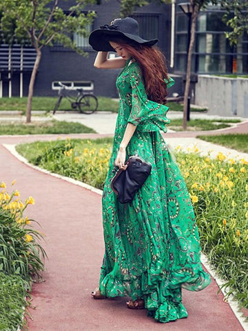 Verte Robe Longue à Fleuries Col en V et Manches 3/4 de Soirée Bohème